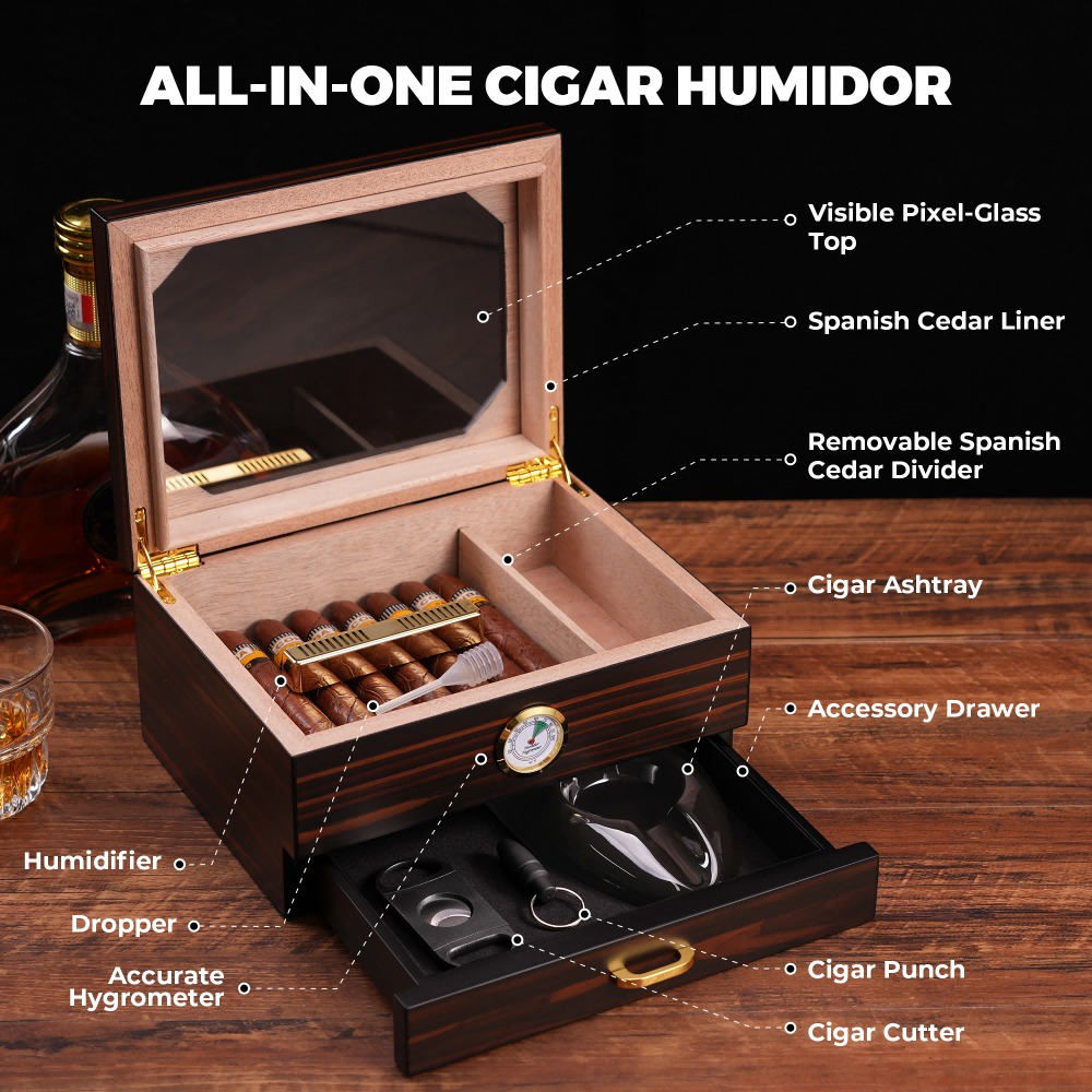 Infographic of all-in-one features: glass top, Spanish cedar liner, divider, hygrometer, humidifier, and full accessory set.
