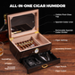 Infographic of all-in-one features: glass top, Spanish cedar liner, divider, hygrometer, humidifier, and full accessory set.