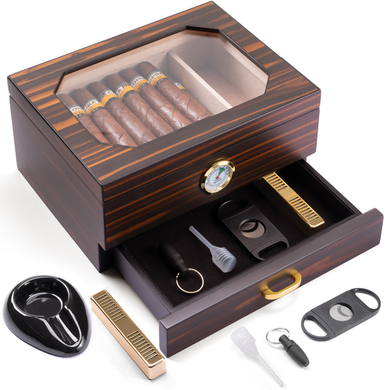 Complete ebony wood humidor set with all accessories, showcasing organized cigar storage and essential tools.