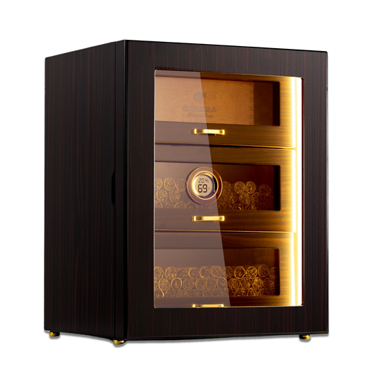 Glossy ebony wood 3-drawer cigar humidor with LED lighting, digital hygrometer, and glass door, ideal for premium cigar storage.