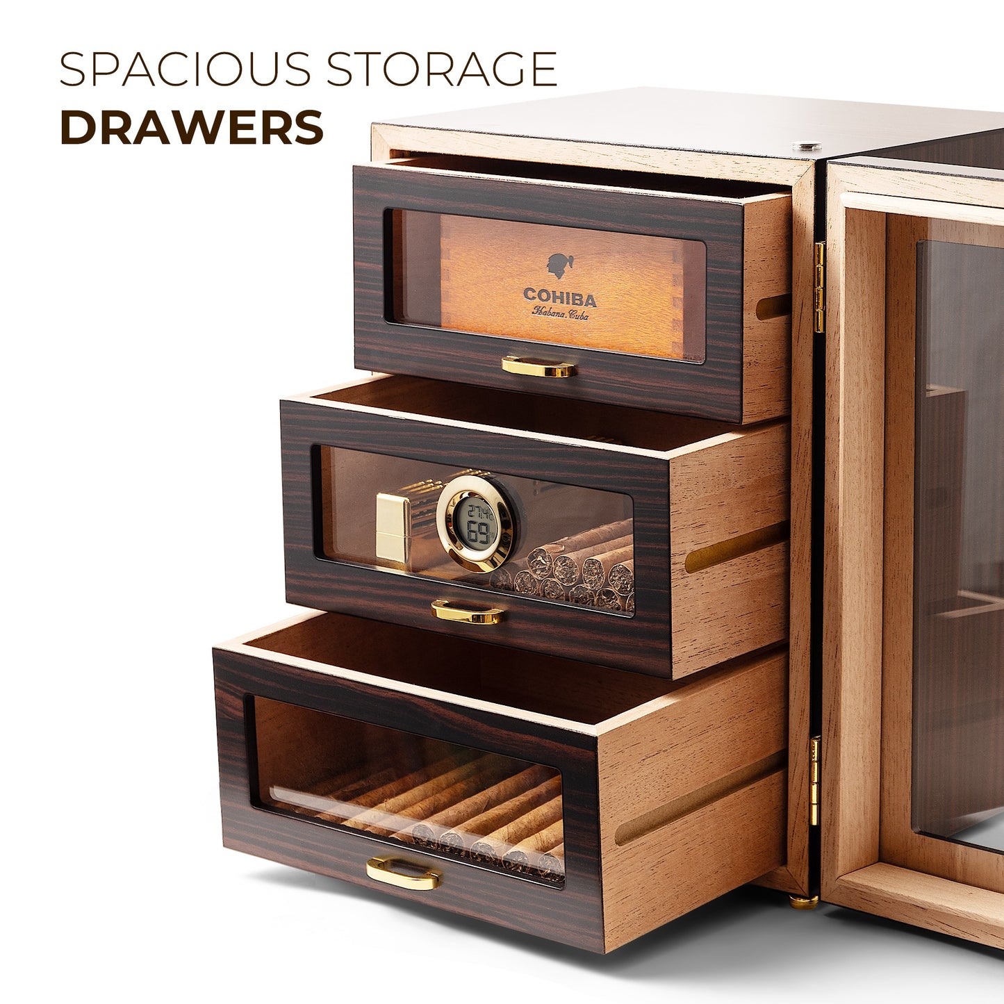 100-150 cigar capacity humidor with dimensions 10.25x10.25x13.63 inches, featuring removable cedar drawers.