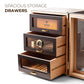 100-150 cigar capacity humidor with dimensions 10.25x10.25x13.63 inches, featuring removable cedar drawers.