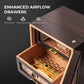 Infographic of ventilated drawers: airflow boosting, moisture distribution, and optimal Spanish cedar aroma for cigar preservation.