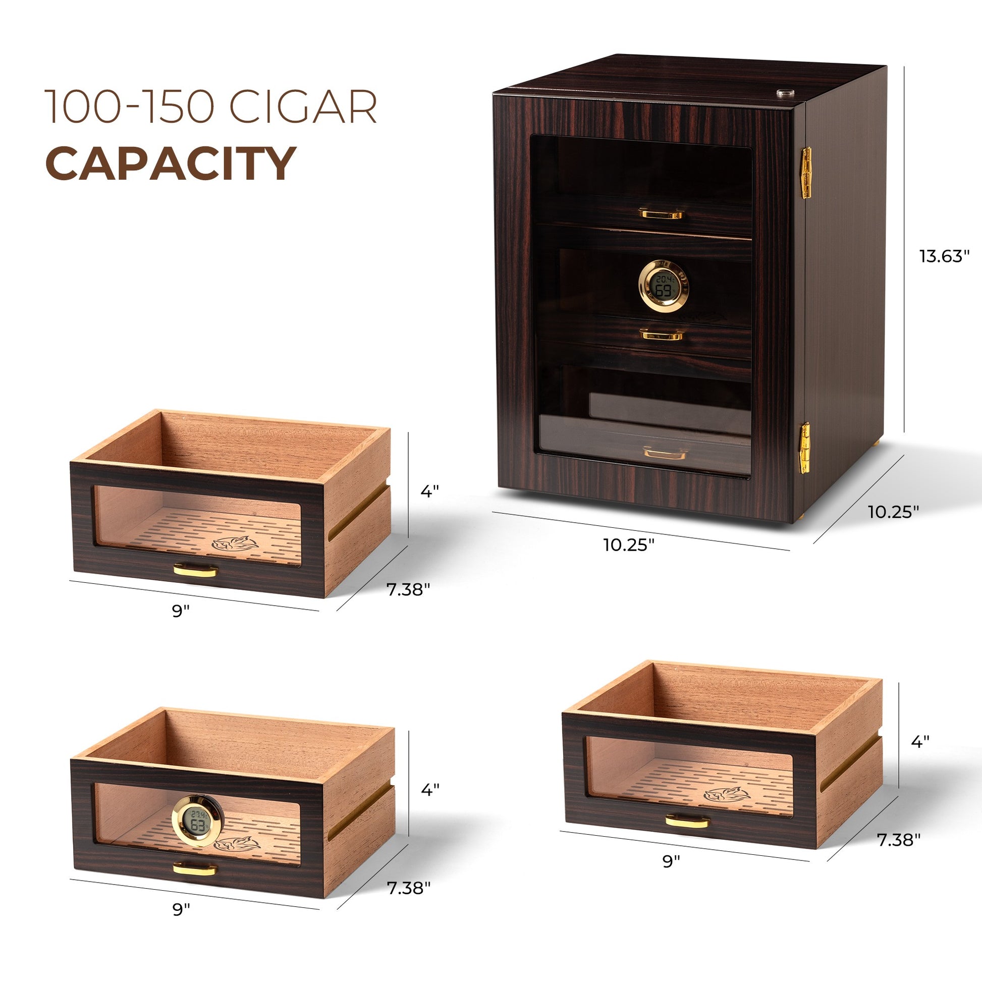 Open 3-drawer humidor showcasing spacious storage for cigar boxes and loose cigars, with gold hardware and glass fronts.