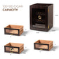 Open 3-drawer humidor showcasing spacious storage for cigar boxes and loose cigars, with gold hardware and glass fronts.
