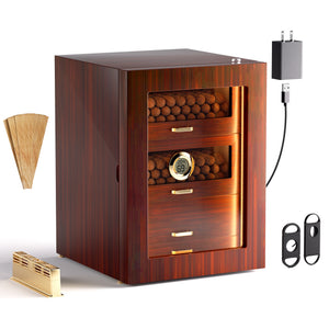 Glossy ebony wood cigar humidor cabinet with 100-150 cigar capacity, including accessories (cutter, humidifier, USB charger) and LED lighting.