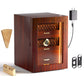 Glossy ebony wood cigar humidor cabinet with 100-150 cigar capacity, including accessories (cutter, humidifier, USB charger) and LED lighting.