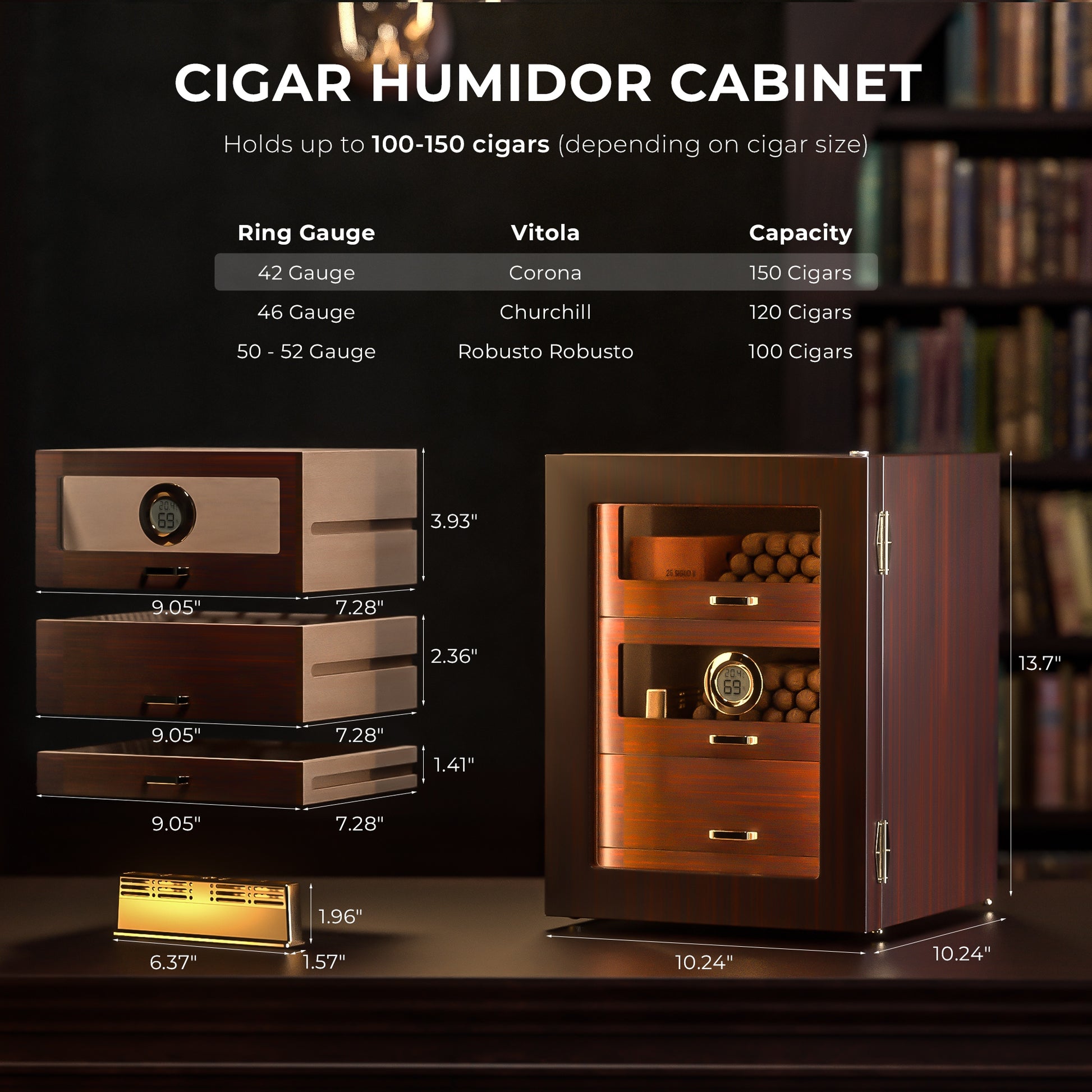 Capacity chart and dimensions of cigar humidor cabinet, highlighting storage for different cigar vitolas and drawer sizes.