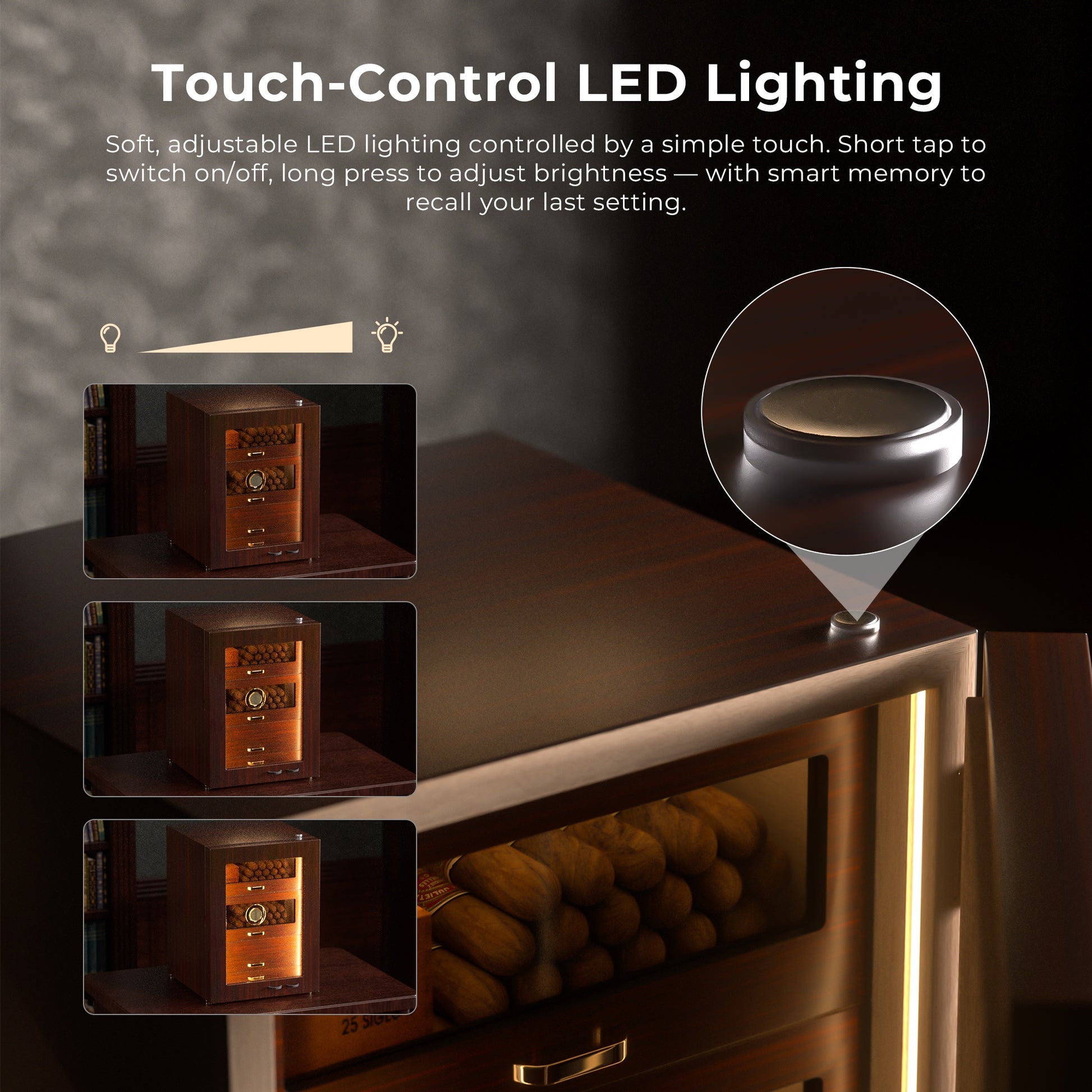 Infographic of premium features: LED lighting, precision humidity control, magnetic seal, 180° hinge, accessory drawer, and Spanish cedar lining.