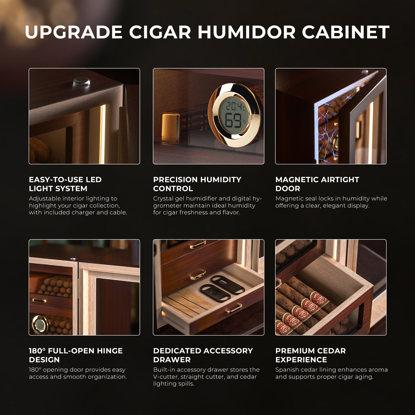 Infographic of premium features: LED lighting, precision humidity control, magnetic seal, 180° hinge, accessory drawer, and Spanish cedar lining.