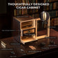 Component breakdown of humidor cabinet: 3 storage drawers, digital hygrometer, accessory drawer, and all included accessories.