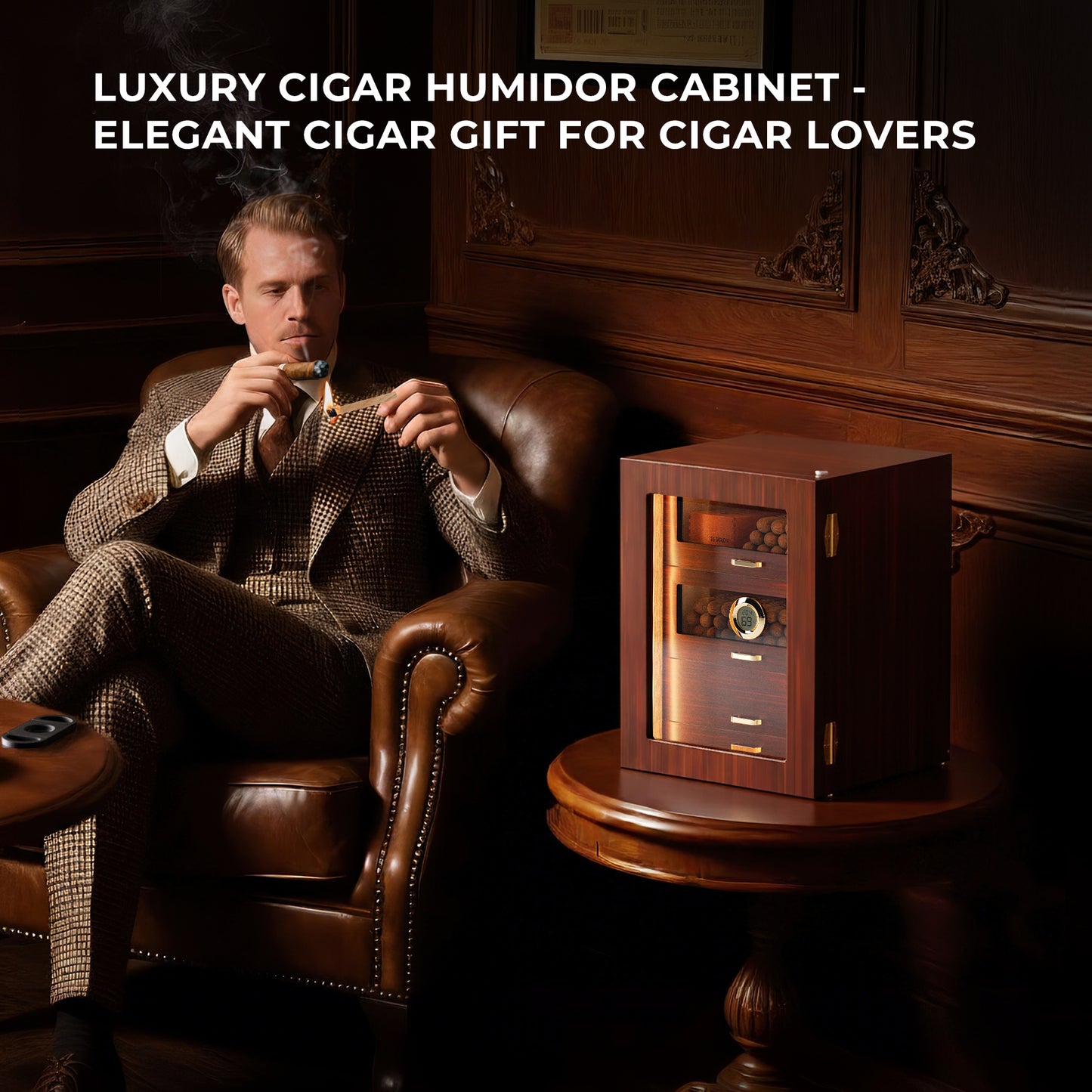 Sophisticated man enjoying a cigar beside the ebony humidor cabinet, positioning it as an elegant gift for cigar lovers.