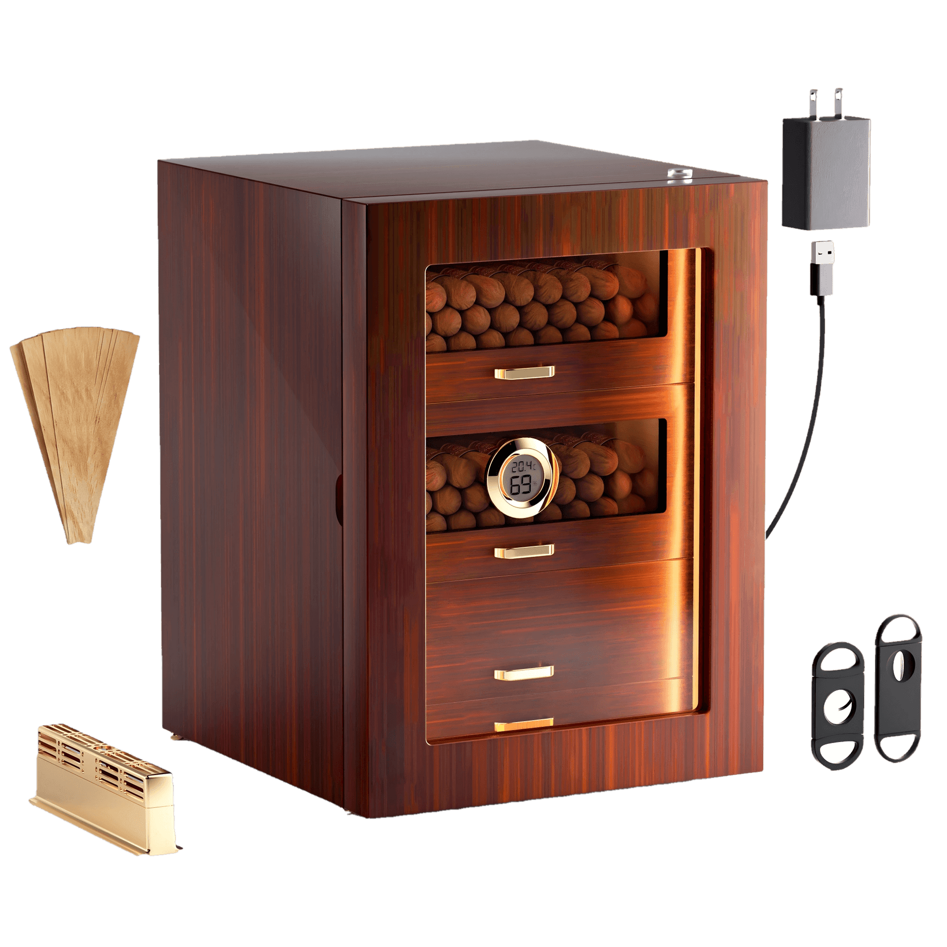 Glossy ebony wood cigar humidor cabinet with 100-150 cigar capacity, including accessories (cutter, humidifier, USB charger) and LED lighting.