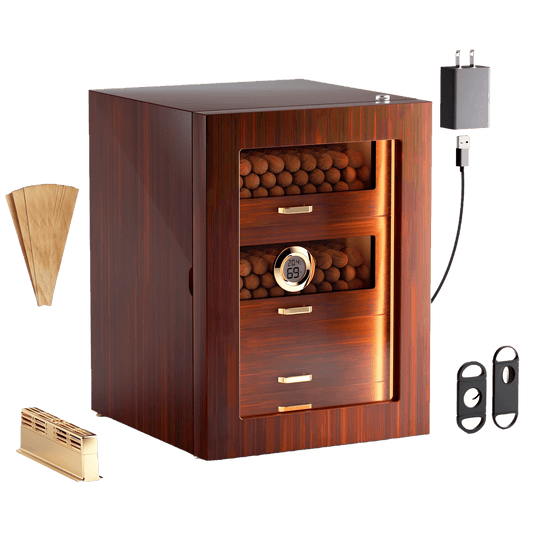 Glossy ebony wood cigar humidor cabinet with 100-150 cigar capacity, including accessories (cutter, humidifier, USB charger) and LED lighting.