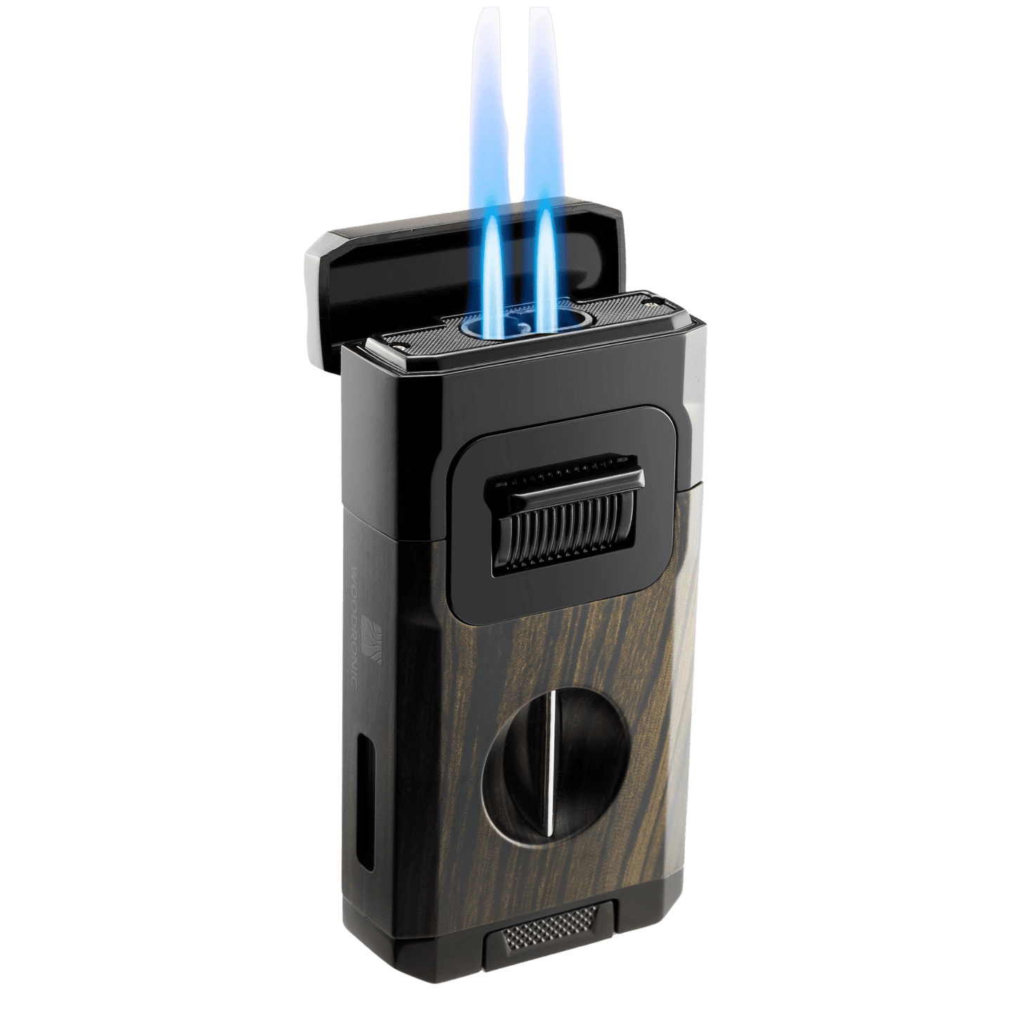 Sleek dark wood cigar lighter with double torch flame, V-cut cutter, and cigar rest, a complete all-in-one accessory.