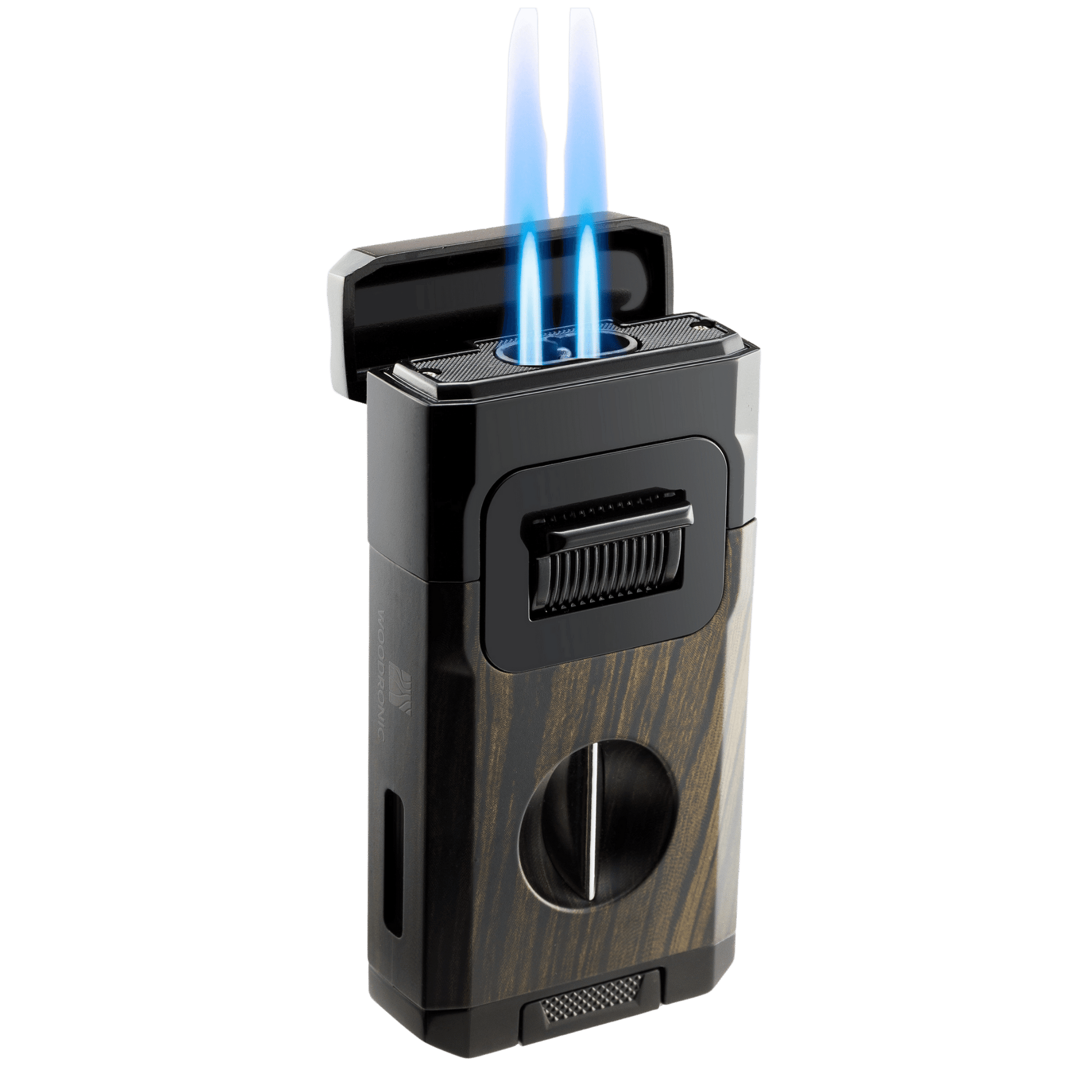 Sleek dark wood cigar lighter with double torch flame, V-cut cutter, and cigar rest, a complete all-in-one accessory.