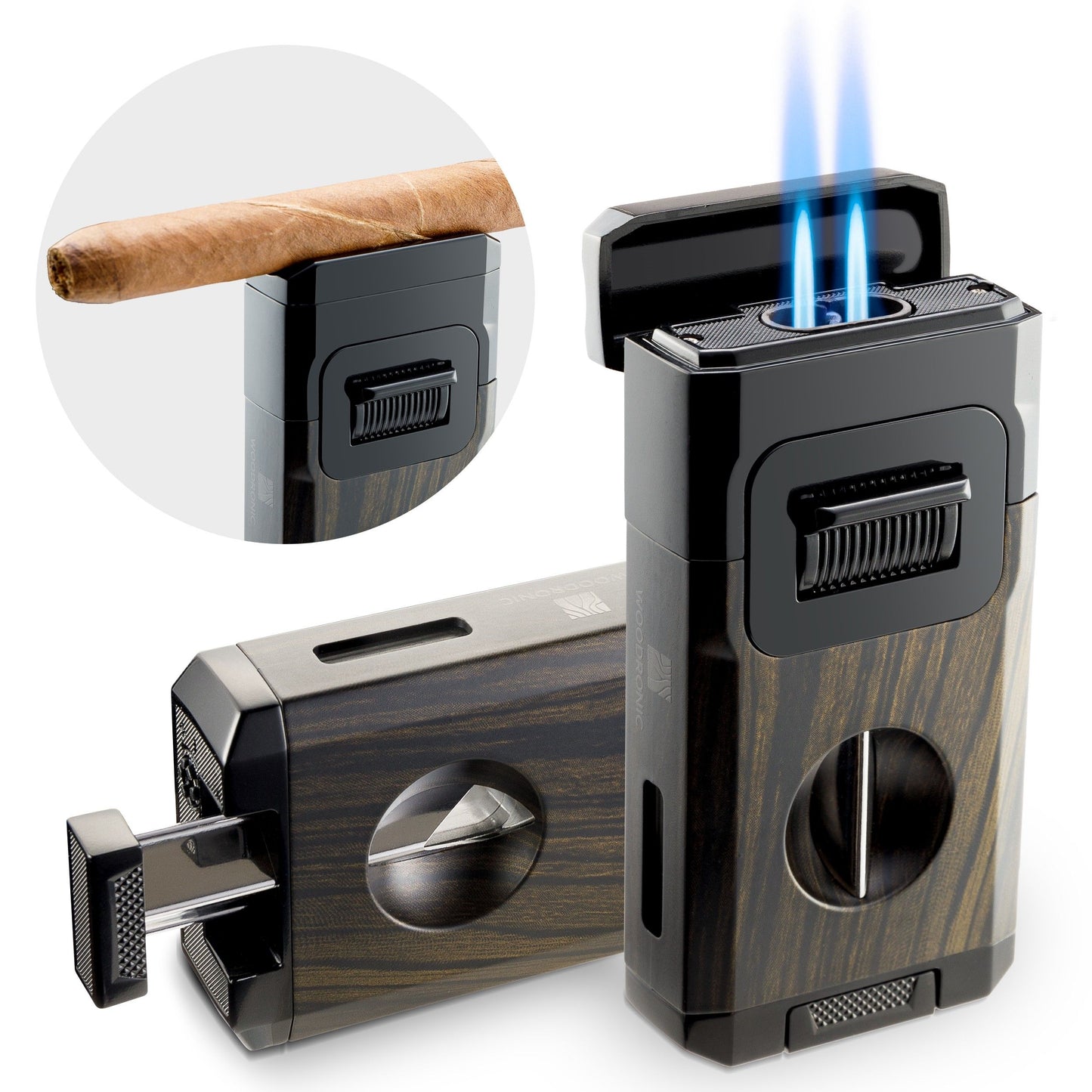 Wood-textured all-in-one cigar lighter with double torch flame, V-cut cutter, and built-in cigar rest for convenient cigar preparation.