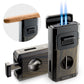 Wood-textured all-in-one cigar lighter with double torch flame, V-cut cutter, and built-in cigar rest for convenient cigar preparation.
