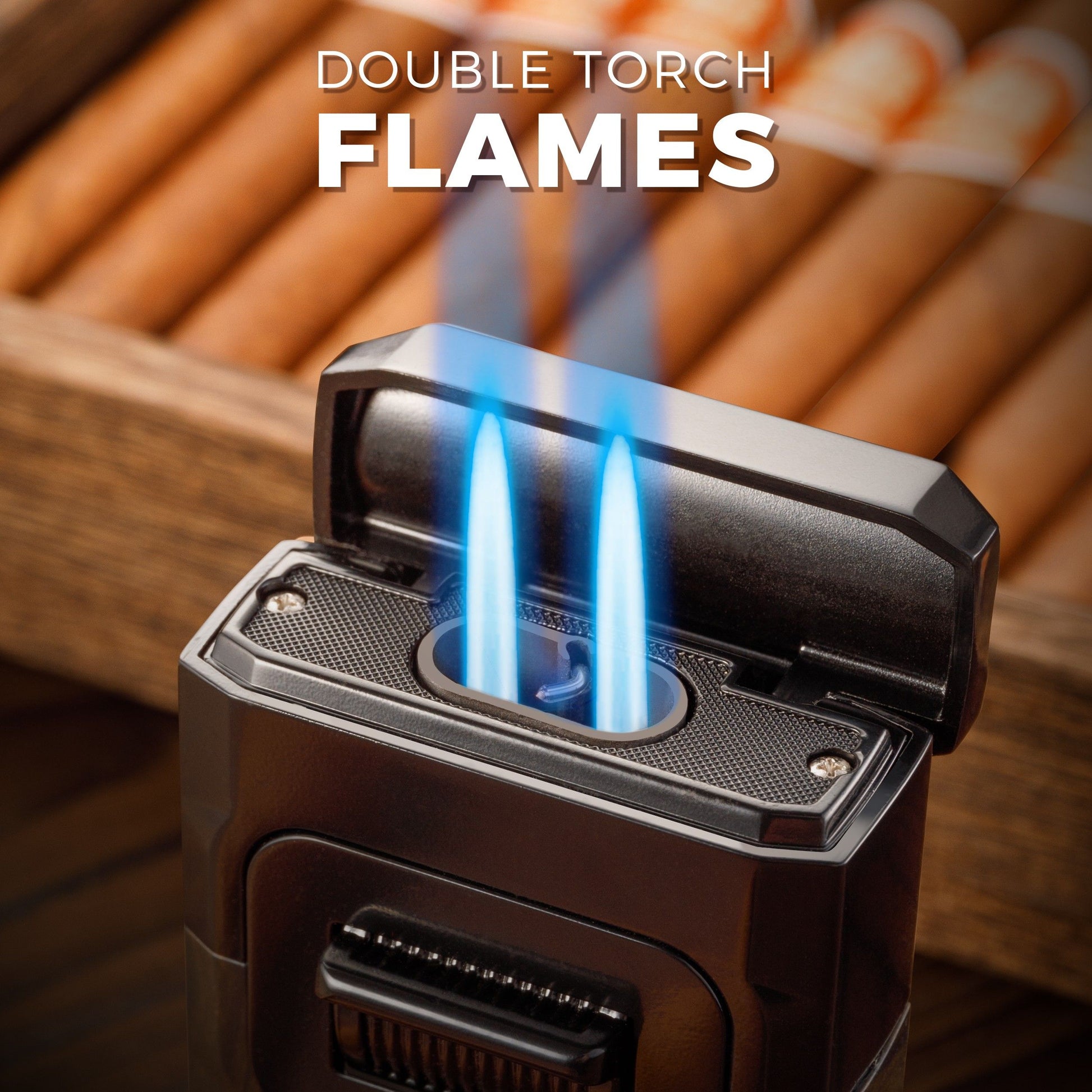 Powerful double blue torch flame for quick, even cigar lighting, ideal for outdoor use and precise ignition.