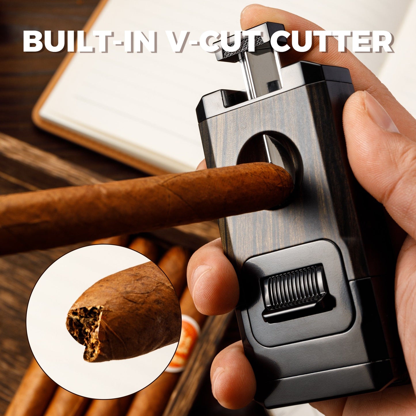 Built-in V-cut cutter demonstration: cleanly slices cigar caps for smooth draws, no extra tools needed.