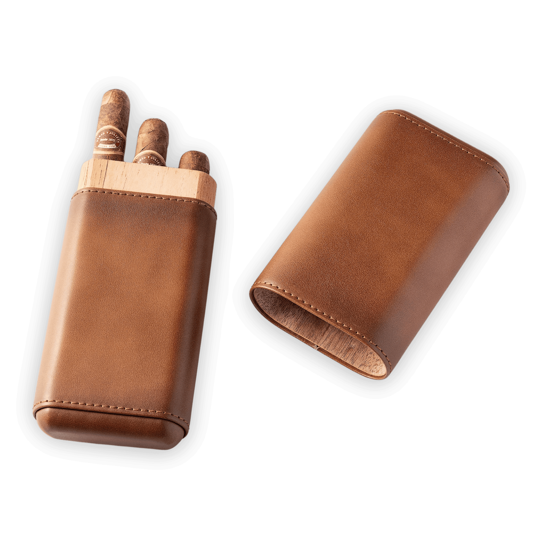 Brown leather cigar case with cedar wood inner liner, shown open holding three cigars and closed with its protective sleeve, portable travel storage for cigar enthusiasts.