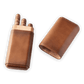 Brown leather cigar case with cedar wood inner liner, shown open holding three cigars and closed with its protective sleeve, portable travel storage for cigar enthusiasts.