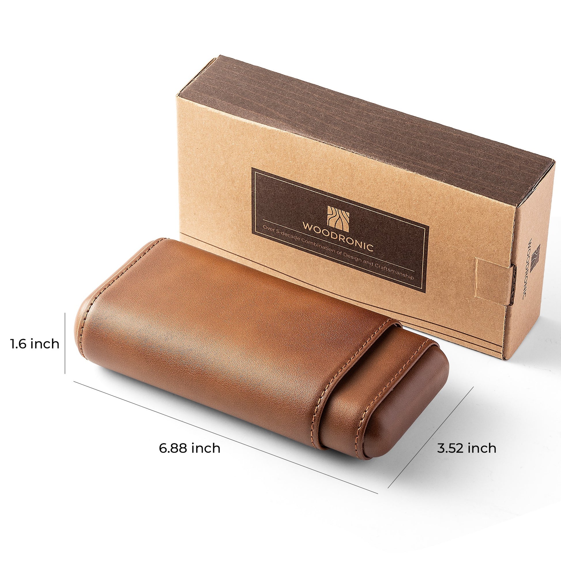 Woodronic branded brown leather cigar case with labeled dimensions (6.88" x 3.52" x 1.6"), presented with its eco-friendly kraft packaging box.