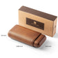 Woodronic branded brown leather cigar case with labeled dimensions (6.88" x 3.52" x 1.6"), presented with its eco-friendly kraft packaging box.