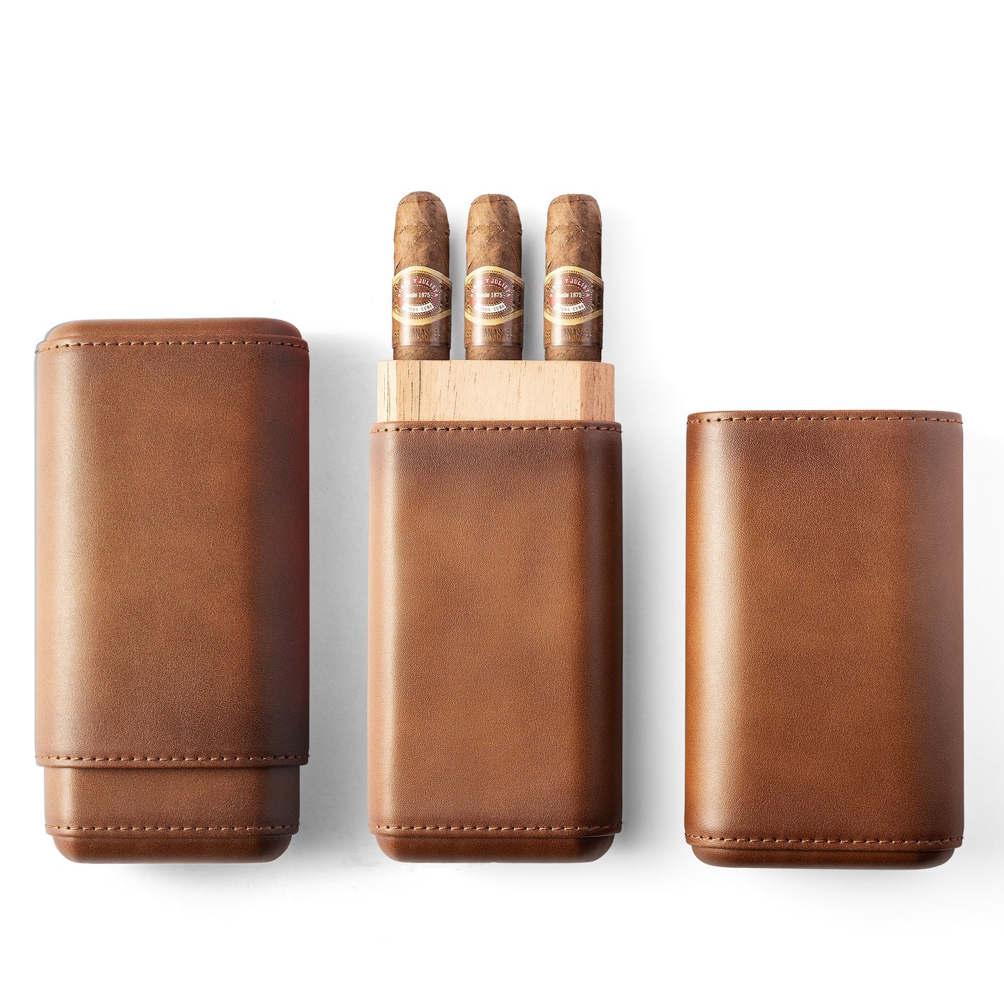 Top-down flat lay of three tan leather cigar cases: one open with three cigars, two closed, showcasing the product’s sleek design and capacity.