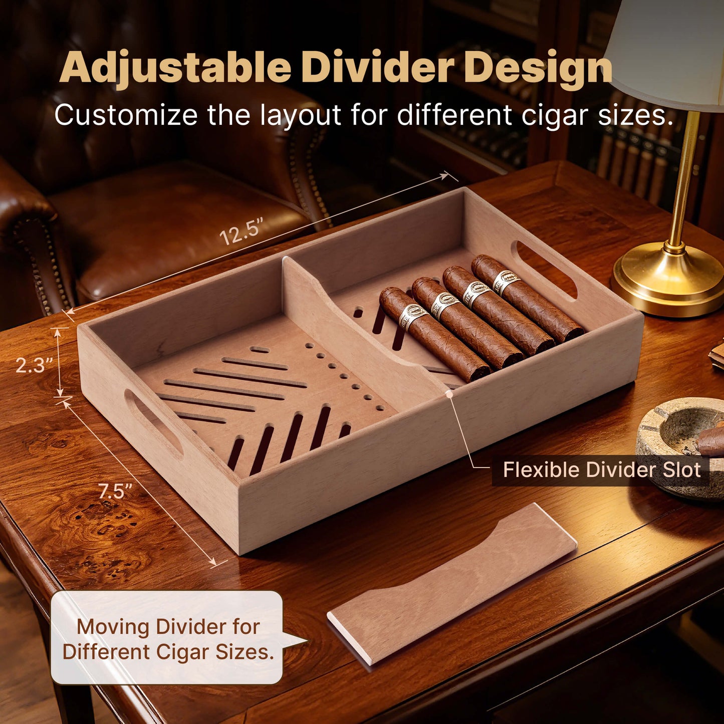 Adjustable divider inside cedar cigar tray