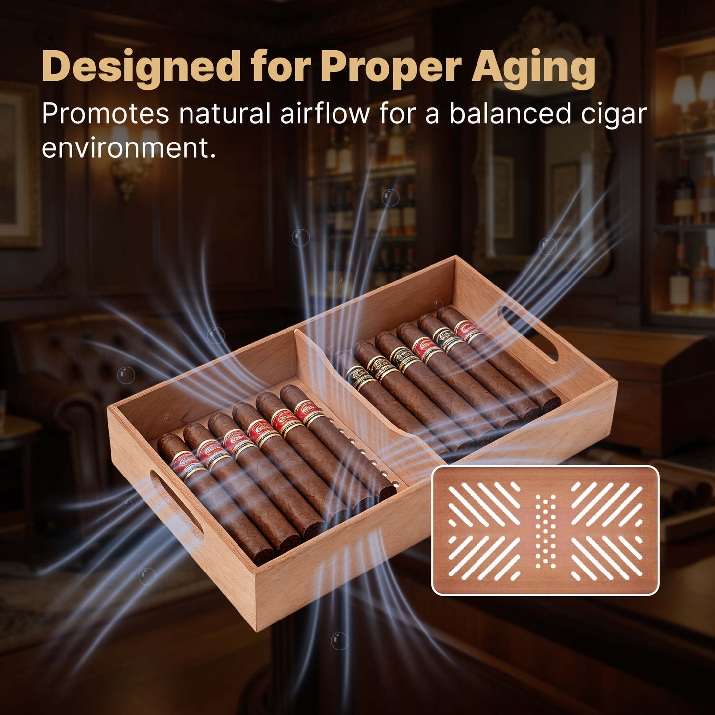 Bottom airflow grooves on Spanish cedar cigar tray