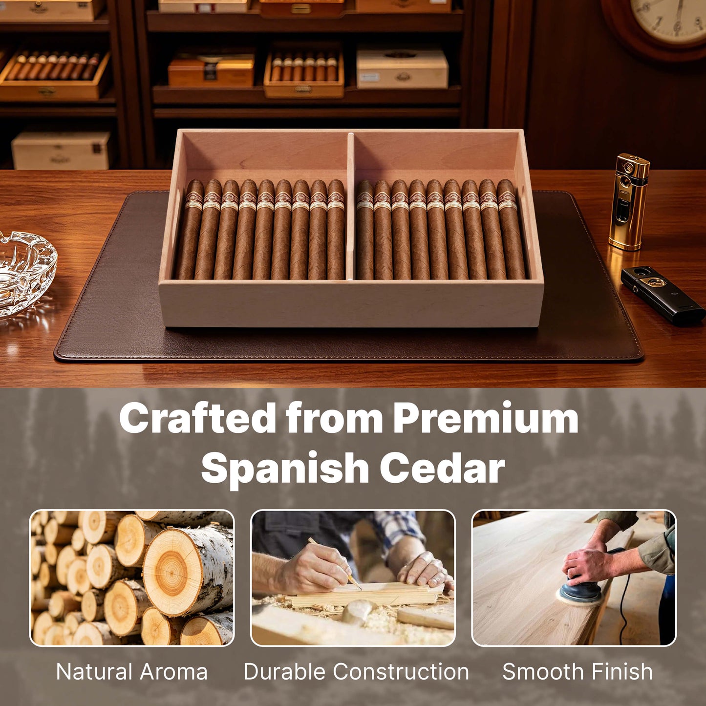 Spanish Cedar Cigar Tray with Adjustable Divider for 30-50 Counts (1 Pack / 2 Pack)