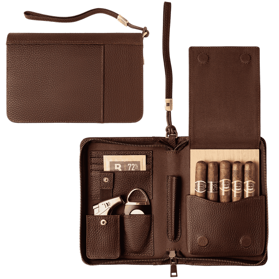 Dark brown pebbled leather cigar travel case with wrist strap, shown closed and fully open to reveal cedar-lined cigar slots, built-in humidifier, cigar cutter, lighter, and accessory pockets.