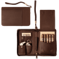 Dark brown pebbled leather cigar travel case with wrist strap, shown closed and fully open to reveal cedar-lined cigar slots, built-in humidifier, cigar cutter, lighter, and accessory pockets.