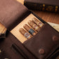 Close-up of the cedar wood cigar compartment inside the leather case, holding five labeled cigars, showcasing the soft suede interior and precise stitching.