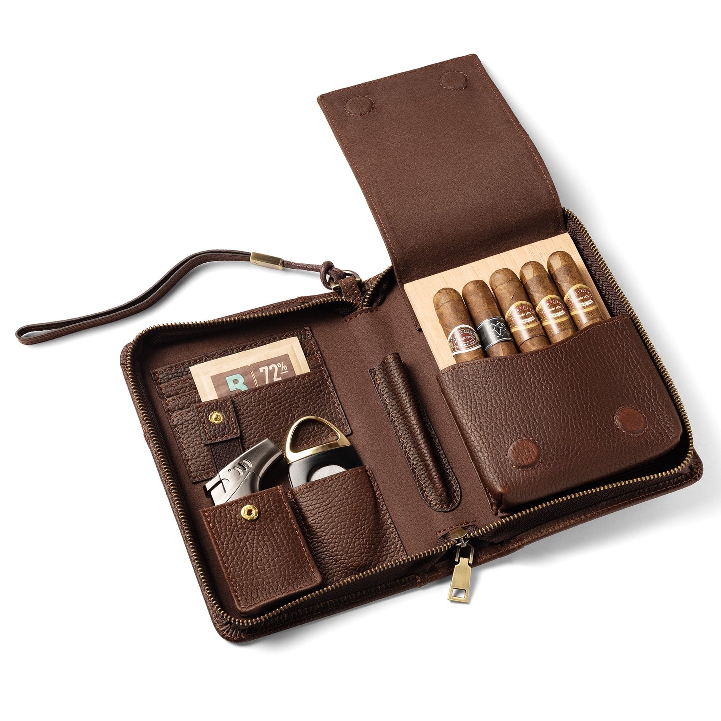 Fully open leather cigar case on a clean white background, showcasing its complete storage layout: cedar cigar slots, cutter, lighter, humidifier, and wrist strap, ideal for product listing.