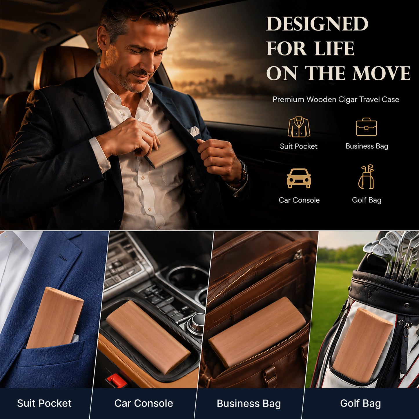 Spanish Cedar Travel Cigar Case for 3 Cigars with Magnetic Slide Lid