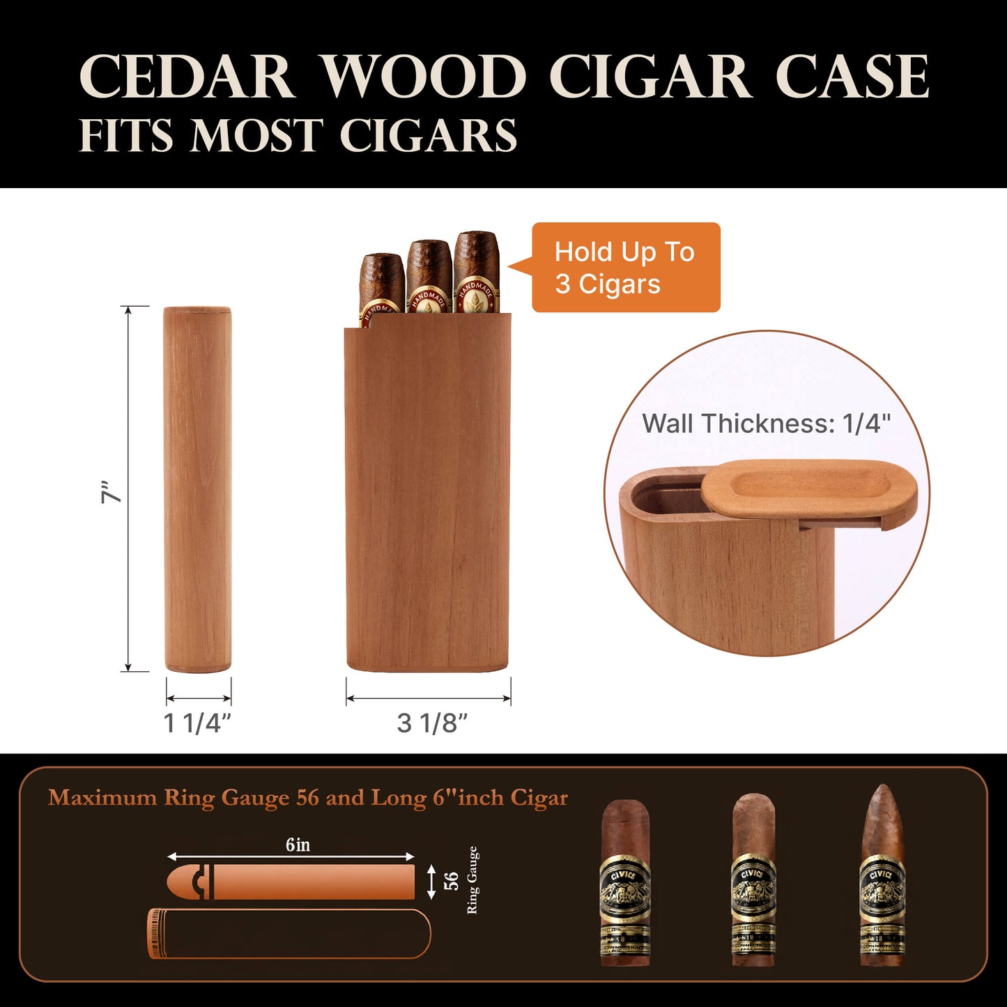 Spanish Cedar Travel Cigar Case for 3 Cigars with Magnetic Slide Lid
