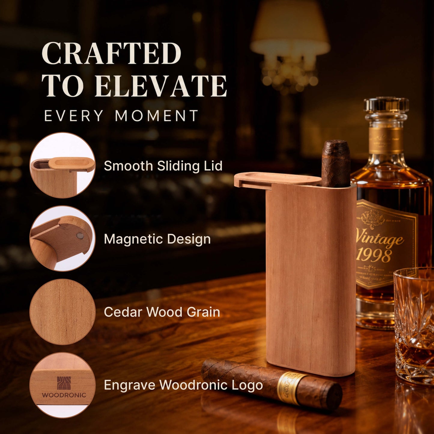 Spanish Cedar Travel Cigar Case for 3 Cigars with Magnetic Slide Lid