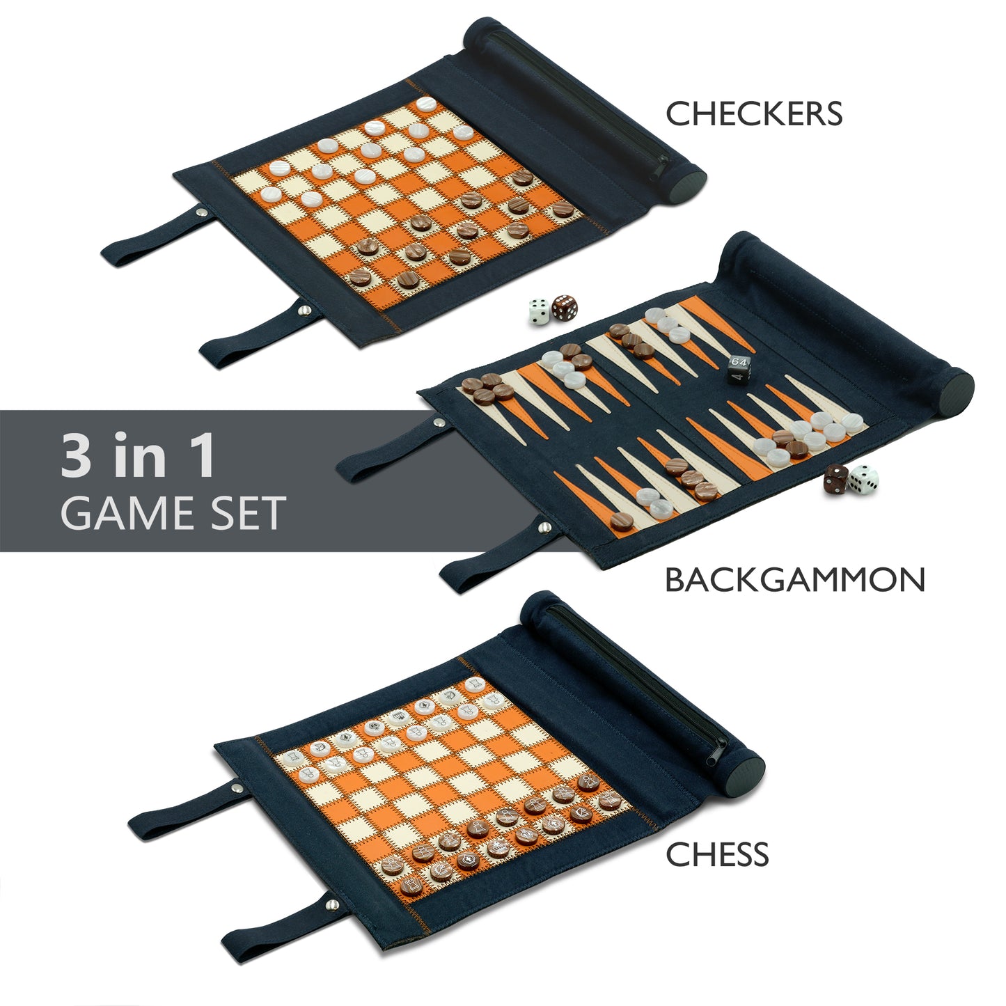 A5039N Backgammon Chess Checkers Set,  PU Leather